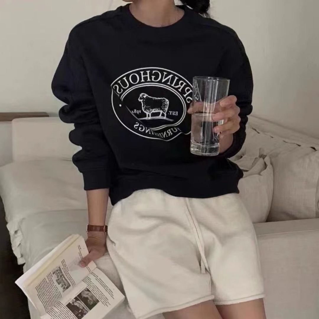 Embroidered Lamb Round Neck Long Sleeve Fleece Pullover