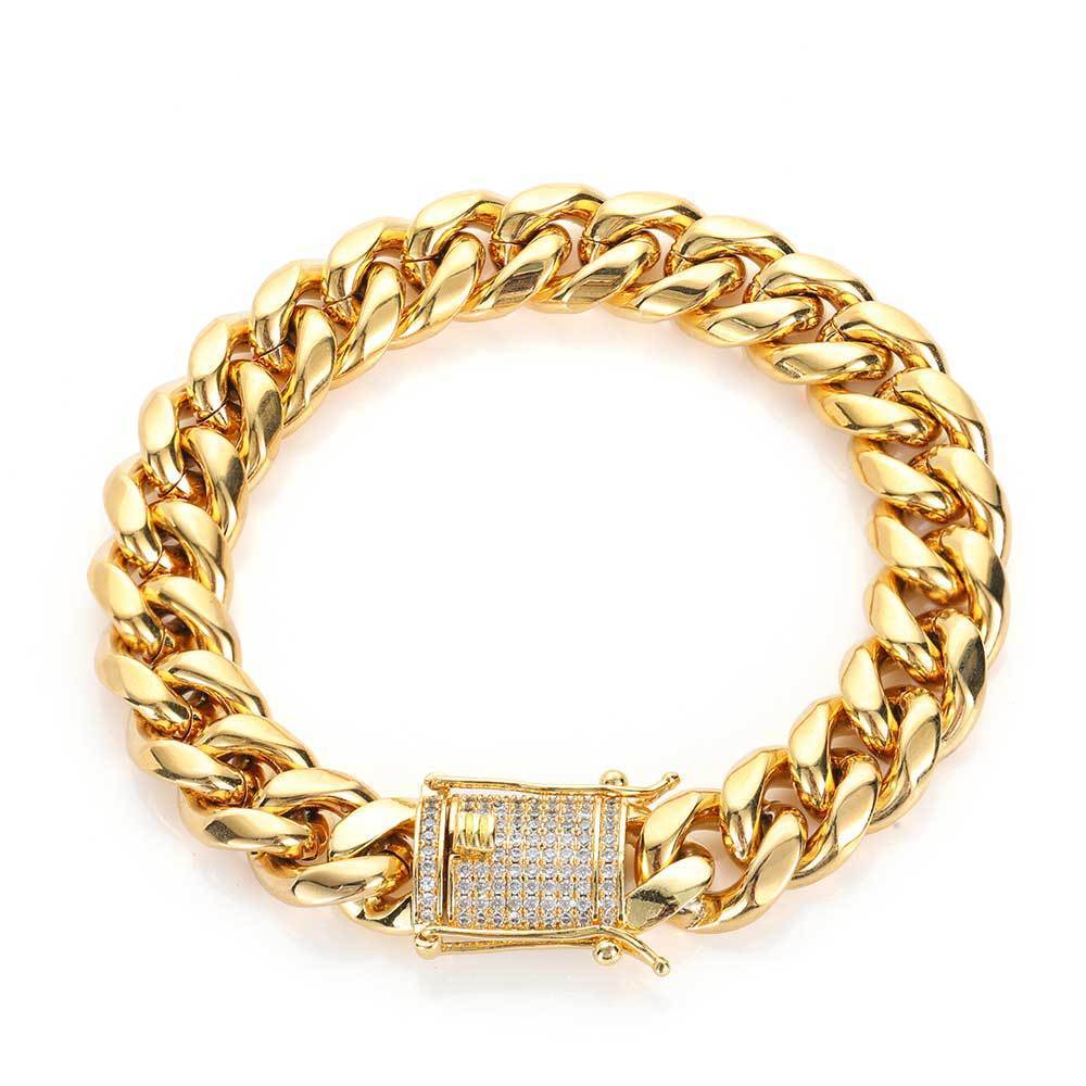 Stainless Steel Cuban Link Chain Hip Hop Bracelet Double-sided Drill Buckle