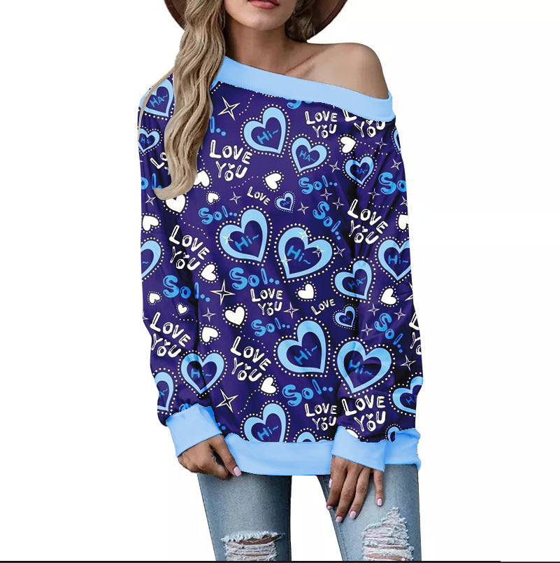 Women's Valentine's Day Pattern Printed Long Sleeve Loose Shoulder Sweater