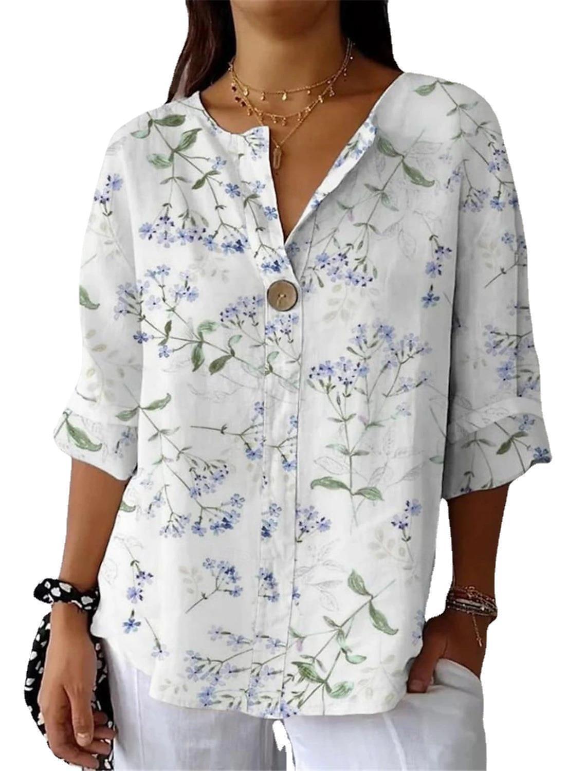 Women's Button V-neck Shirt Casual Print Top T-shirt