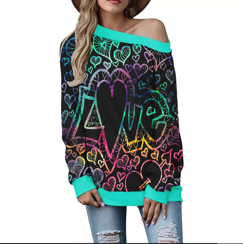 Women's Valentine's Day Pattern Printed Long Sleeve Loose Shoulder Sweater