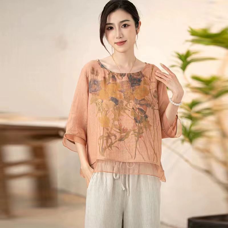 Top Plus Size Loose Casual New Chinese Style Summer Women's Artistic Short Sleeve