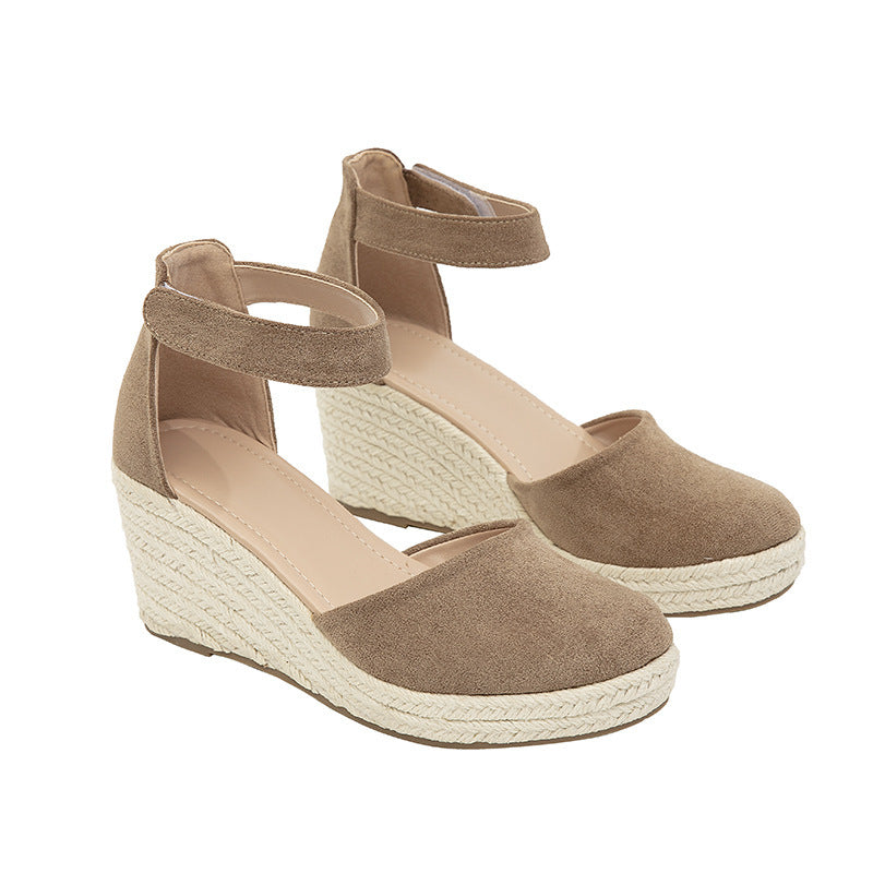 Stylish Women's Sandals New Closed Toe Wedge Sandals Platform Straw Woven Hemp Rope