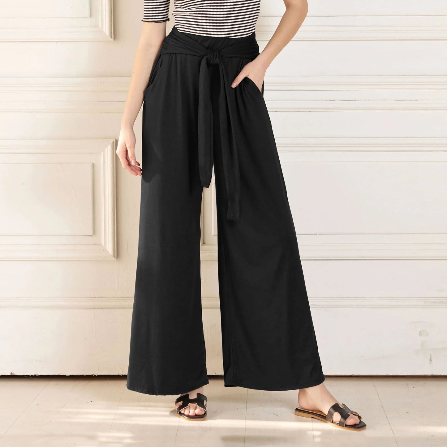 Women's Solid Color Draping Lace-up Wide-leg Pants