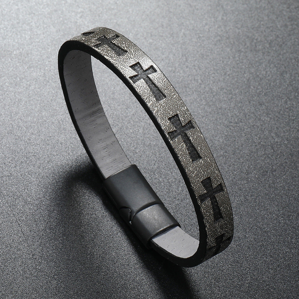 Alloy Leather Bracelet Men's Printed Cross Magnetic Buckle Bracelet