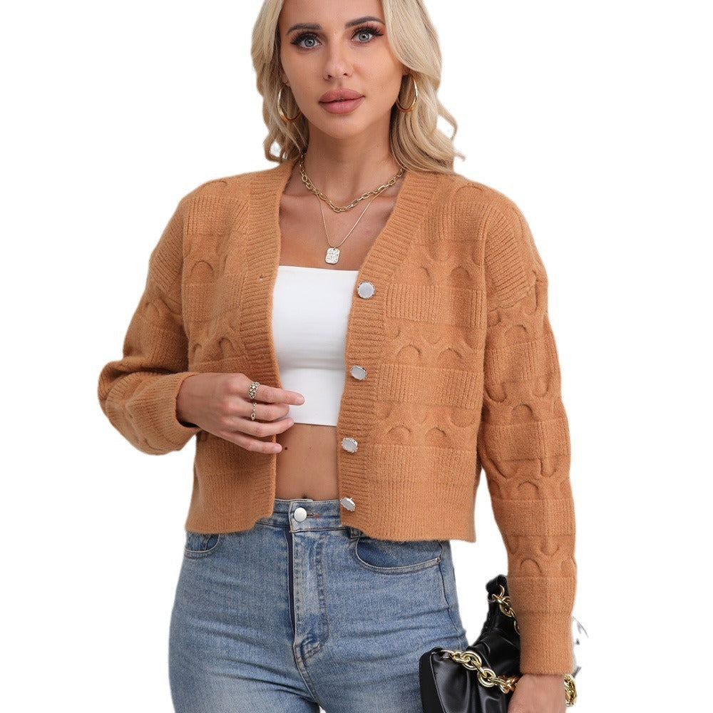 Women's Short Knitted Cardigan Fashion Long Sleeve Sweater