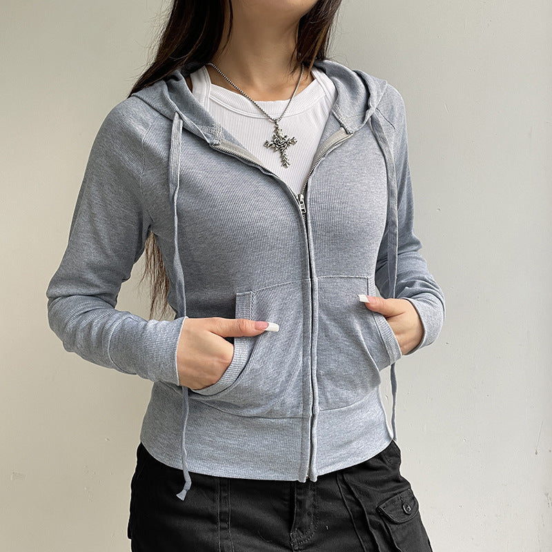 Gray Hooded Sweater Women's Short Solid Color Cardigan Zipper Coat