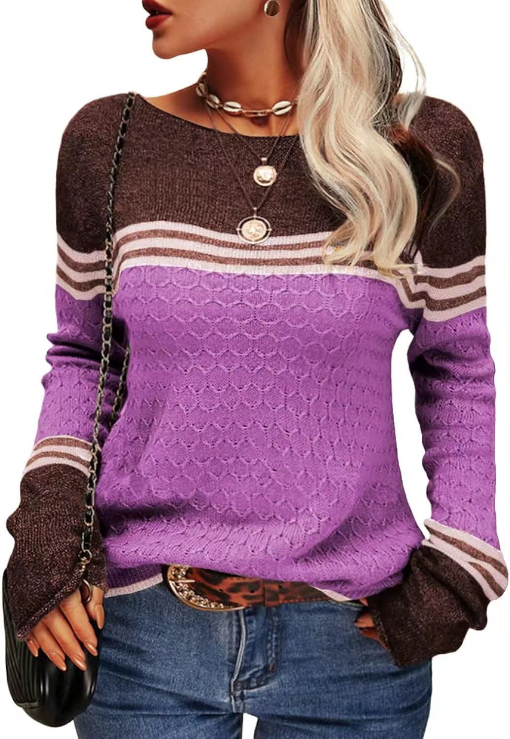 Foreign Trade Crocheted Long-sleeved Top Striped Color-block Crew Neck Knitted Sweater