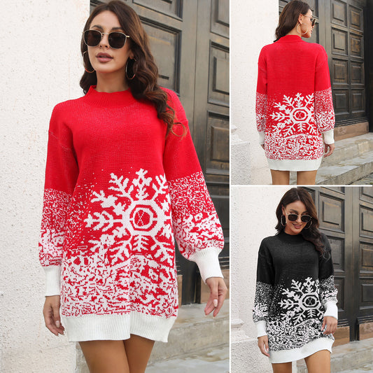 Christmas Snowflake Sweater Dress Loose Pullover Knitted Dresses Fall Winter Women's Clothing